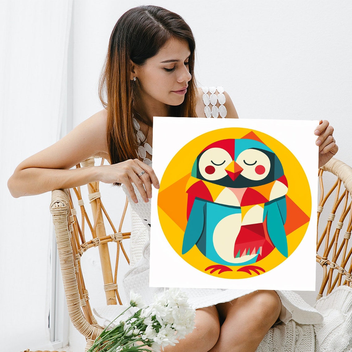 Geometric Sleeping Owl Colorful Circle Nursery Scandinavian Art Poster - Image 3