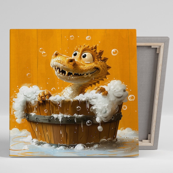 Baby Dragon Bubble Bath Wooden Tub Orange Cute Whimsical Art Poster