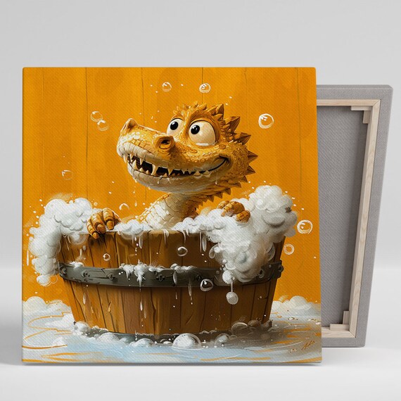 Bubble Bath Dragon Wall Art Or Poster Whimsical Contemporary Decor Children Room Game Room Bathroom Wall Art Orange Yellow Brown