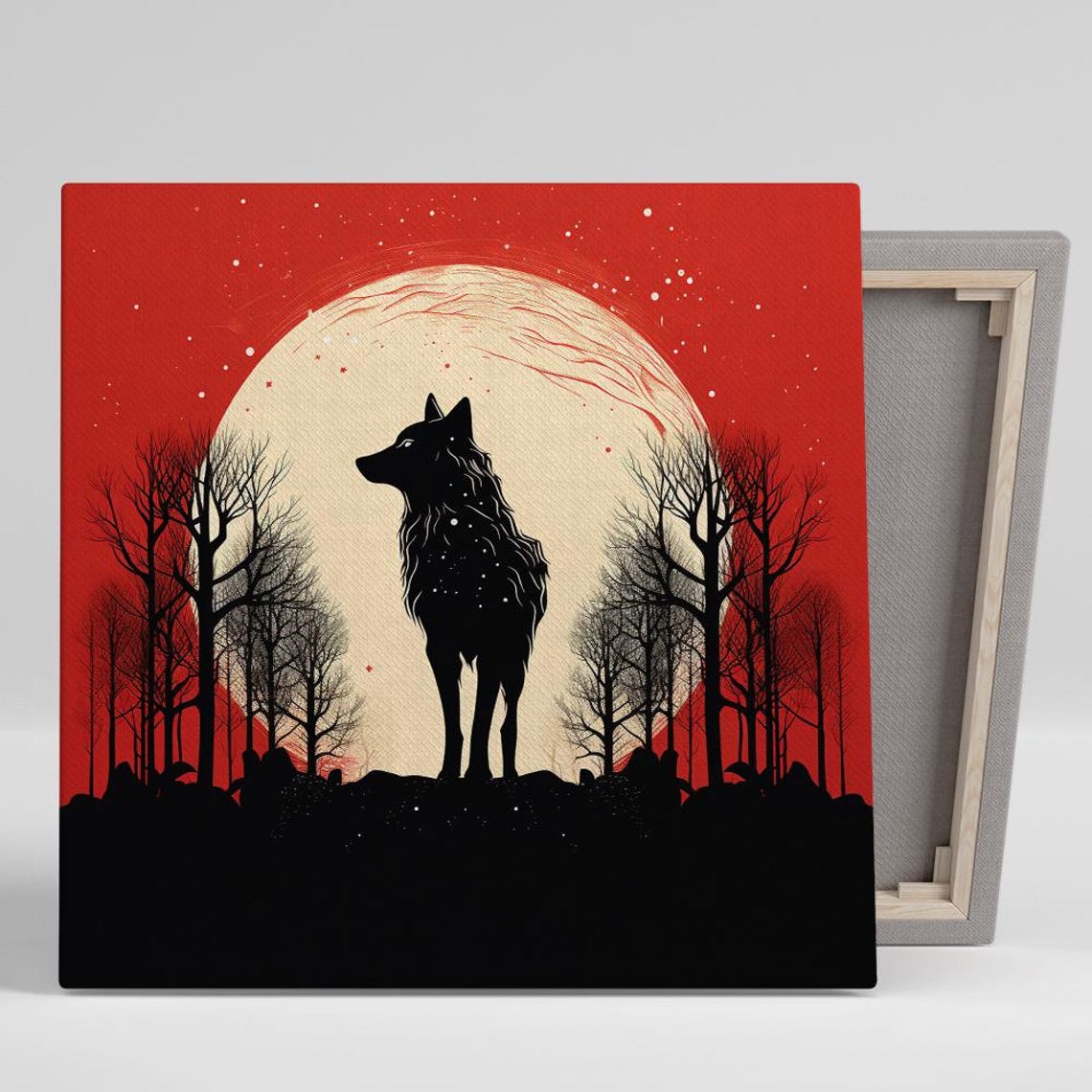 Lunar Wolf Silhouette Howling Moon Red Sky Minimalist Art Poster