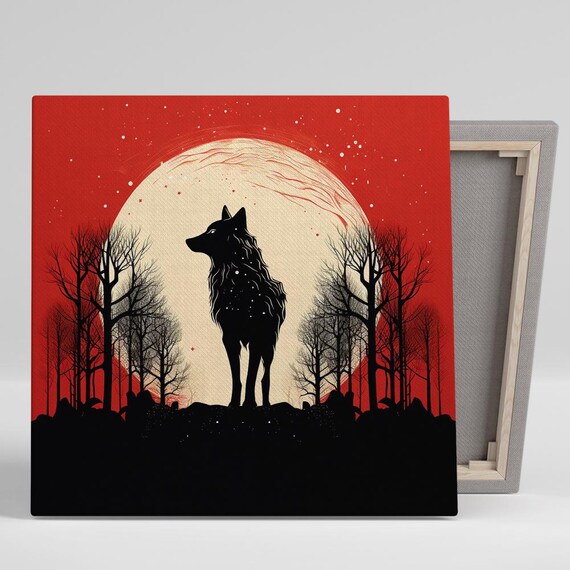 Lunar Wolf Silhouette Howling Moon Red Sky Minimalist Art Poster