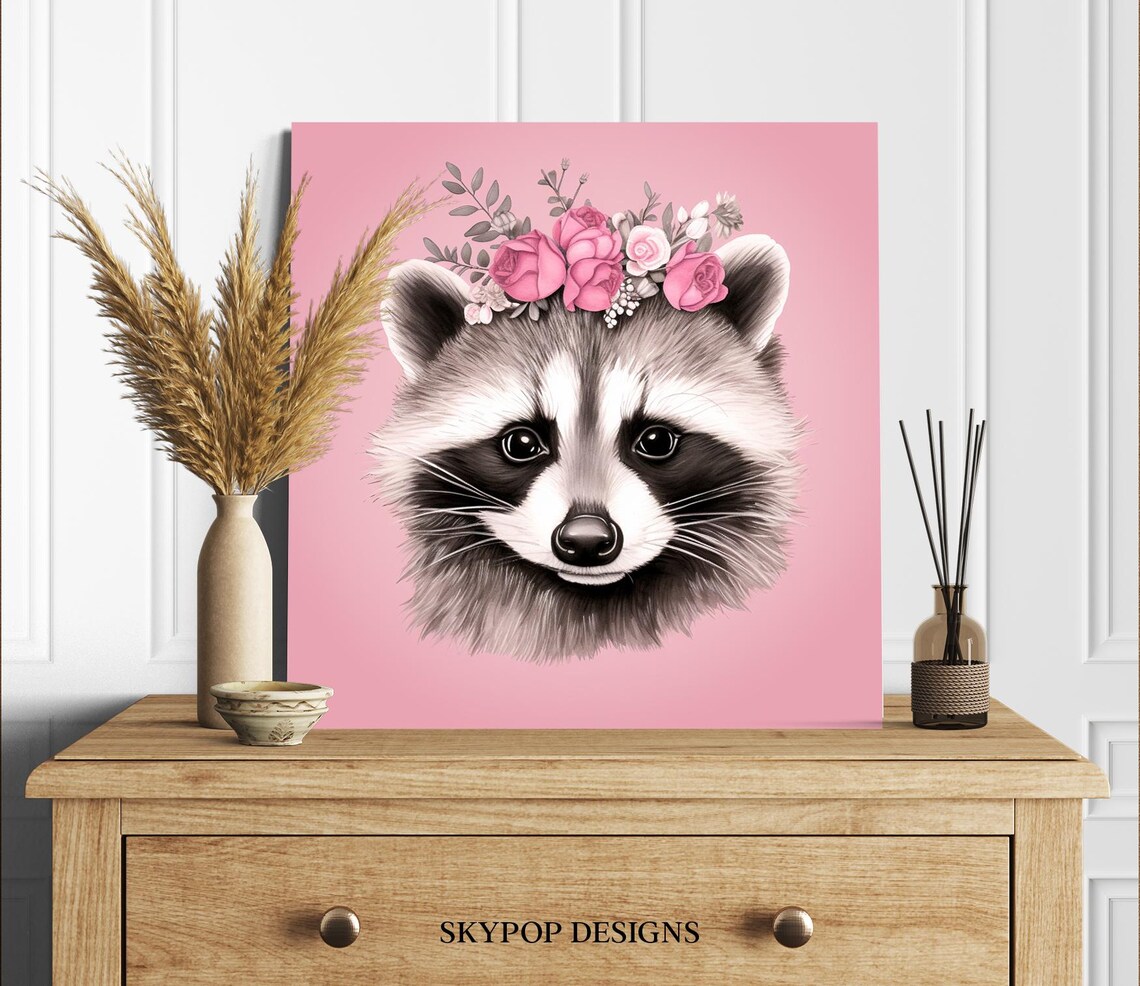 Cute Raccoon Floral Rose Crown Pink Nursery Woodland Animal Art Poster - Image 2