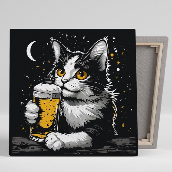 Cosmic Cat Beer Night, Whimsical Animal Art Print