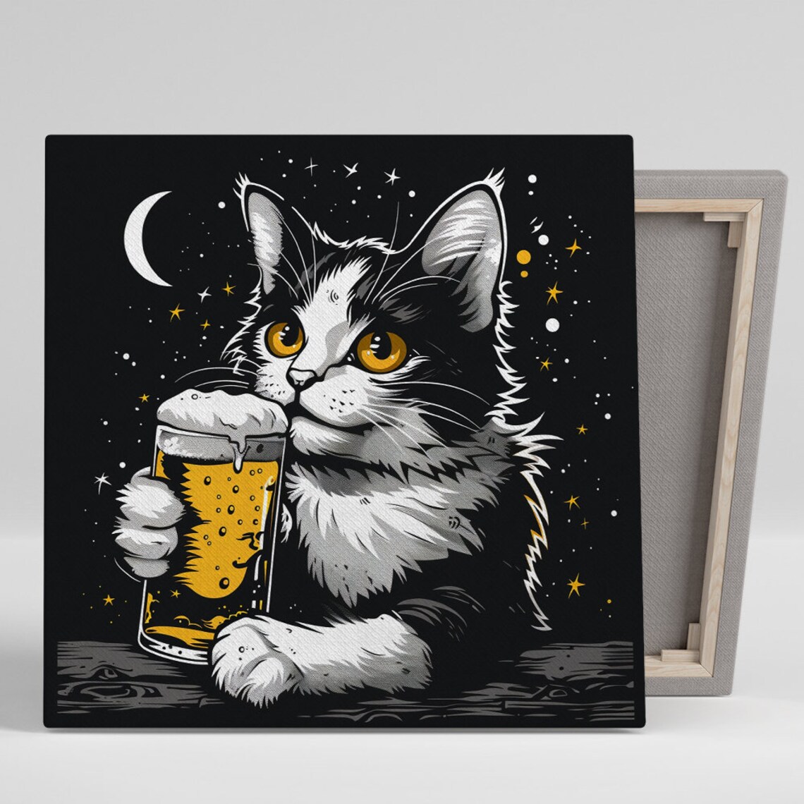 Cosmic Cat Beer Night, Whimsical Animal Art Print