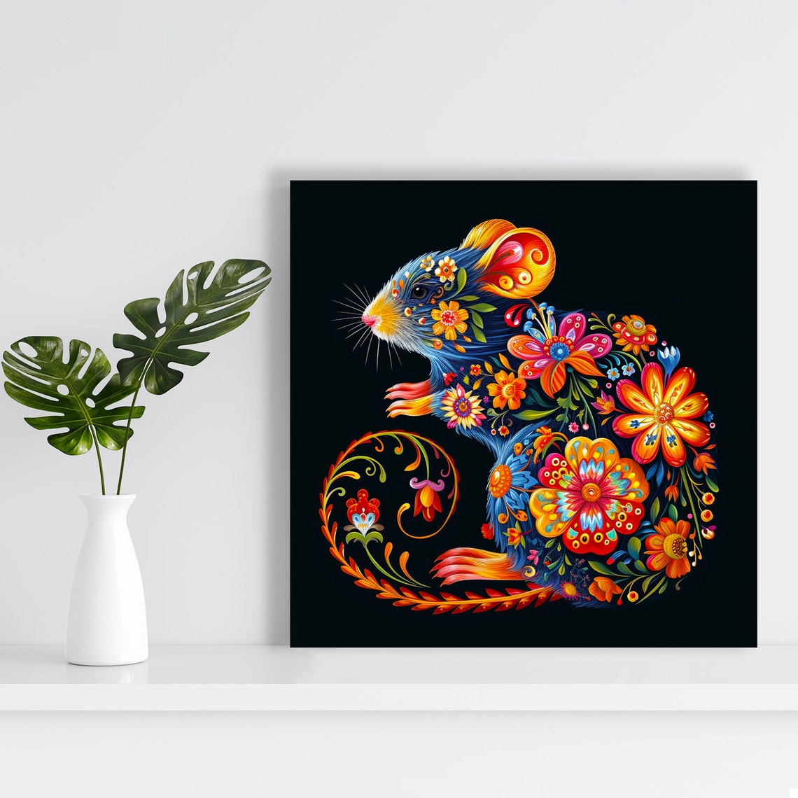 Floral Mouse Magic Vibrant Folk Art Flowers on Black Wall Poster - Image 2