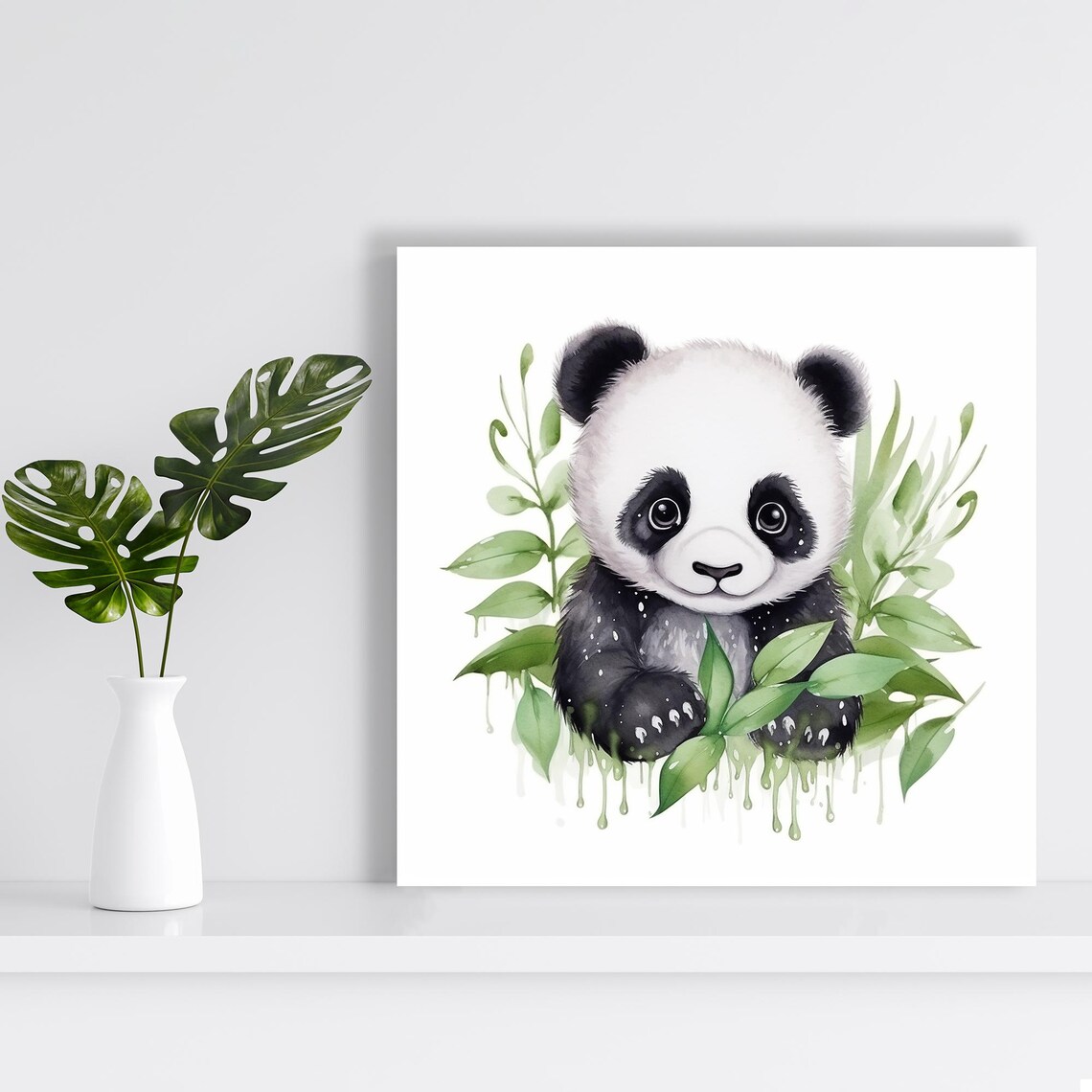 Baby Panda Cub Watercolor With Green Leaves Sweet Nursery Wall Poster - Image 2