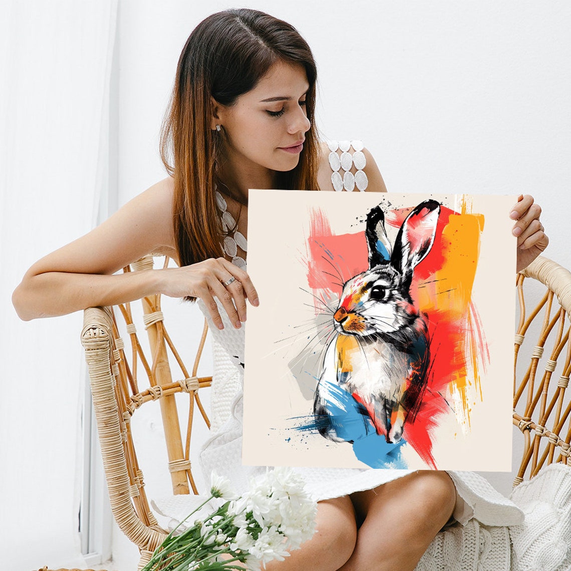 Vibrant Bunny Sketch Red Yellow Blue Paint Splash Animal Art Poster - Image 3