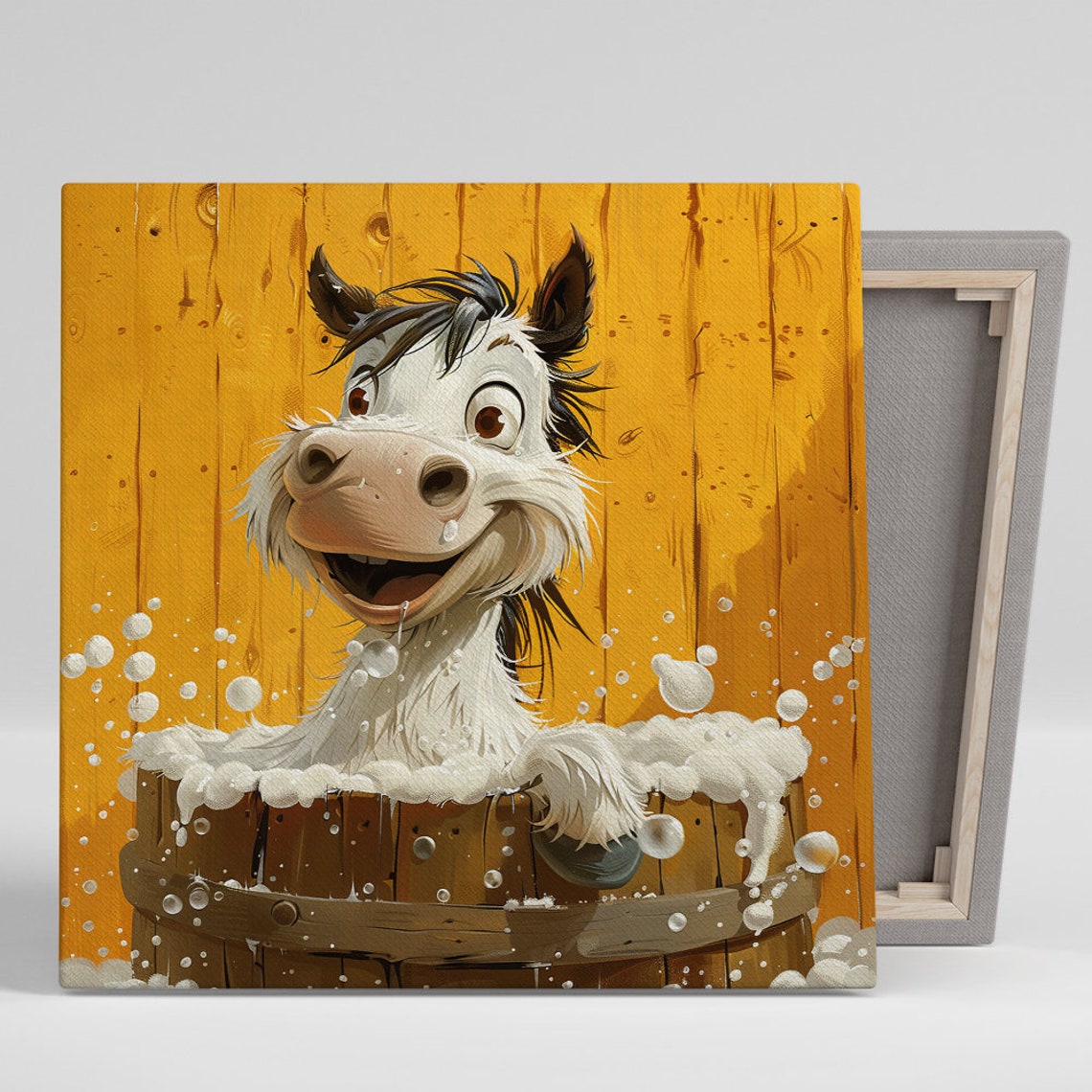 Happy Pony Splashing in Wooden Bubble Bath Tub Farmhouse Poster