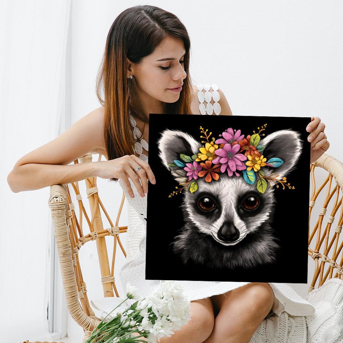 Lemur With Colorful Floral Crown On Black Background Art Poster - Image 3