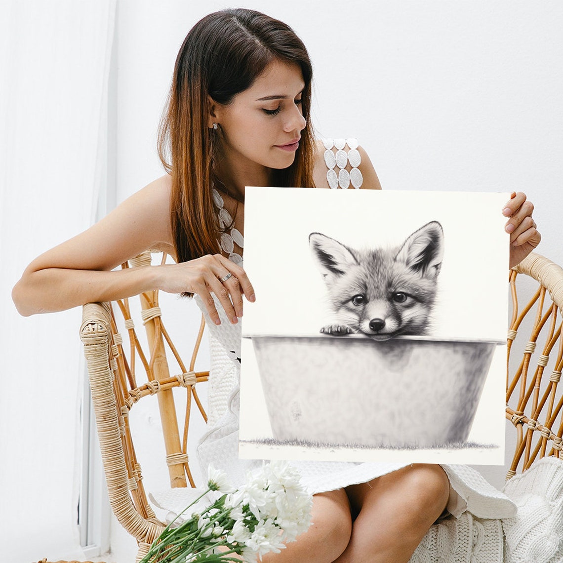 Cute Fox Cub Peeking Over Bucket Grayscale Minimalist Wall Art Print - Image 3