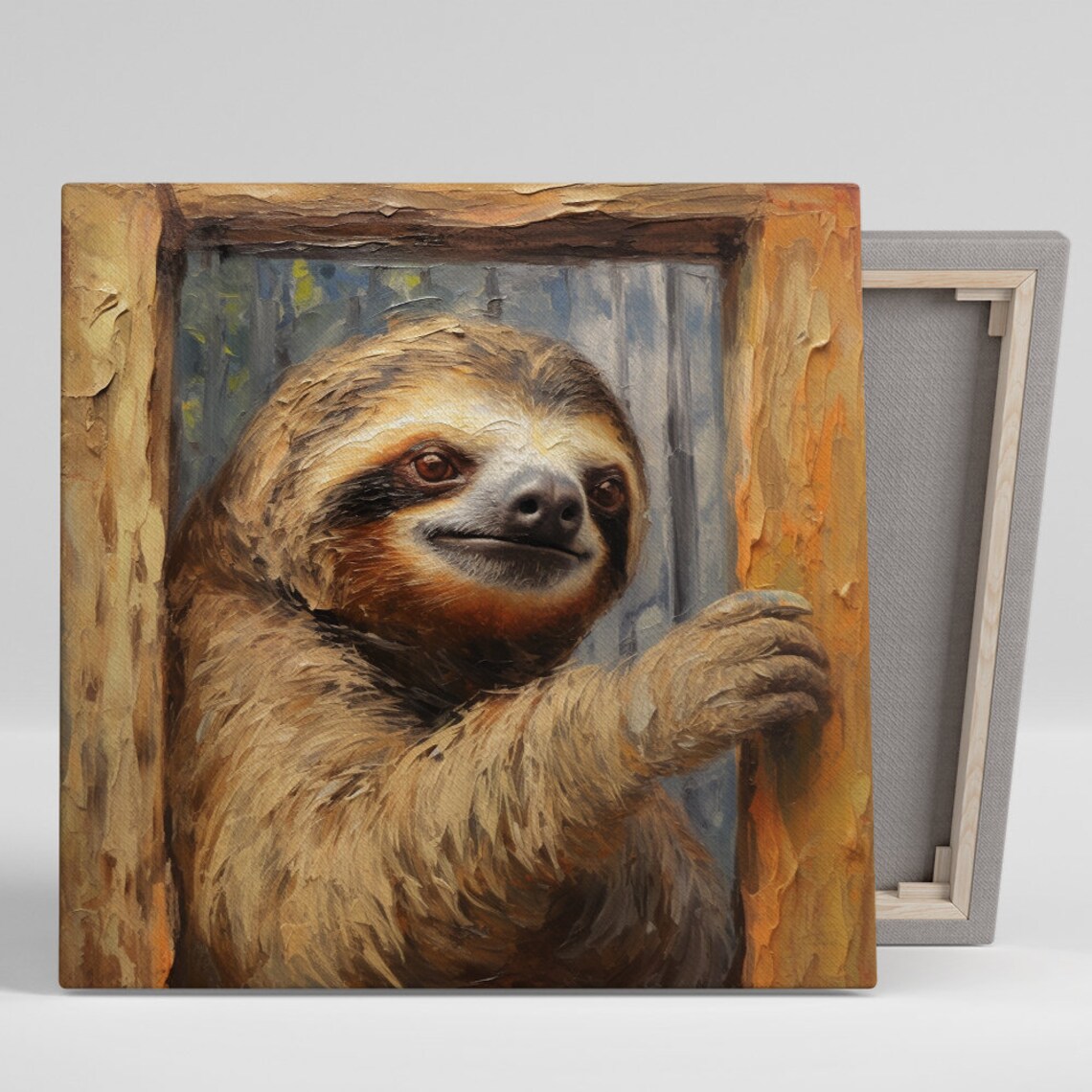 Sloth Oil Painting Wooden Frame Warm Brown Portrait Cozy Animal Wall Art