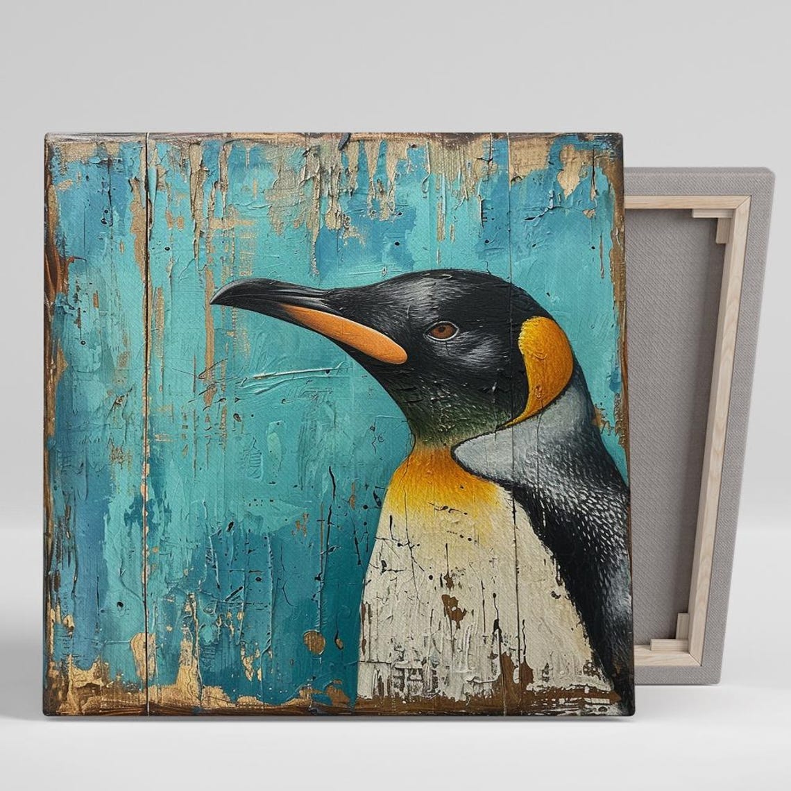 King Penguin Rustic Blue Wood Regal Coastal Bird Portrait Art Poster