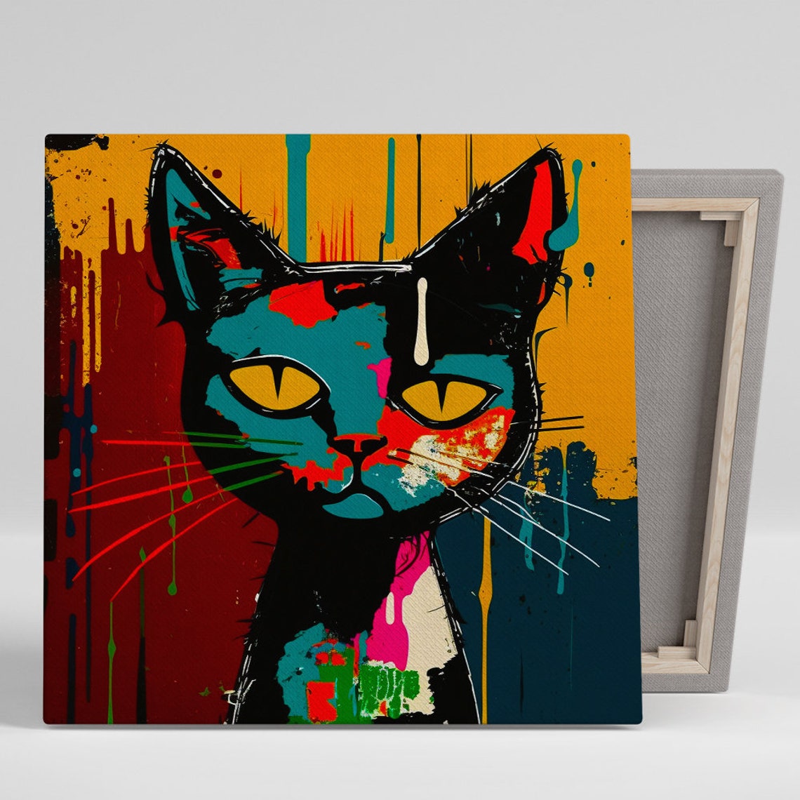 Black Cat Street Art Portrait Bold Turquoise Red Paint Drip Poster