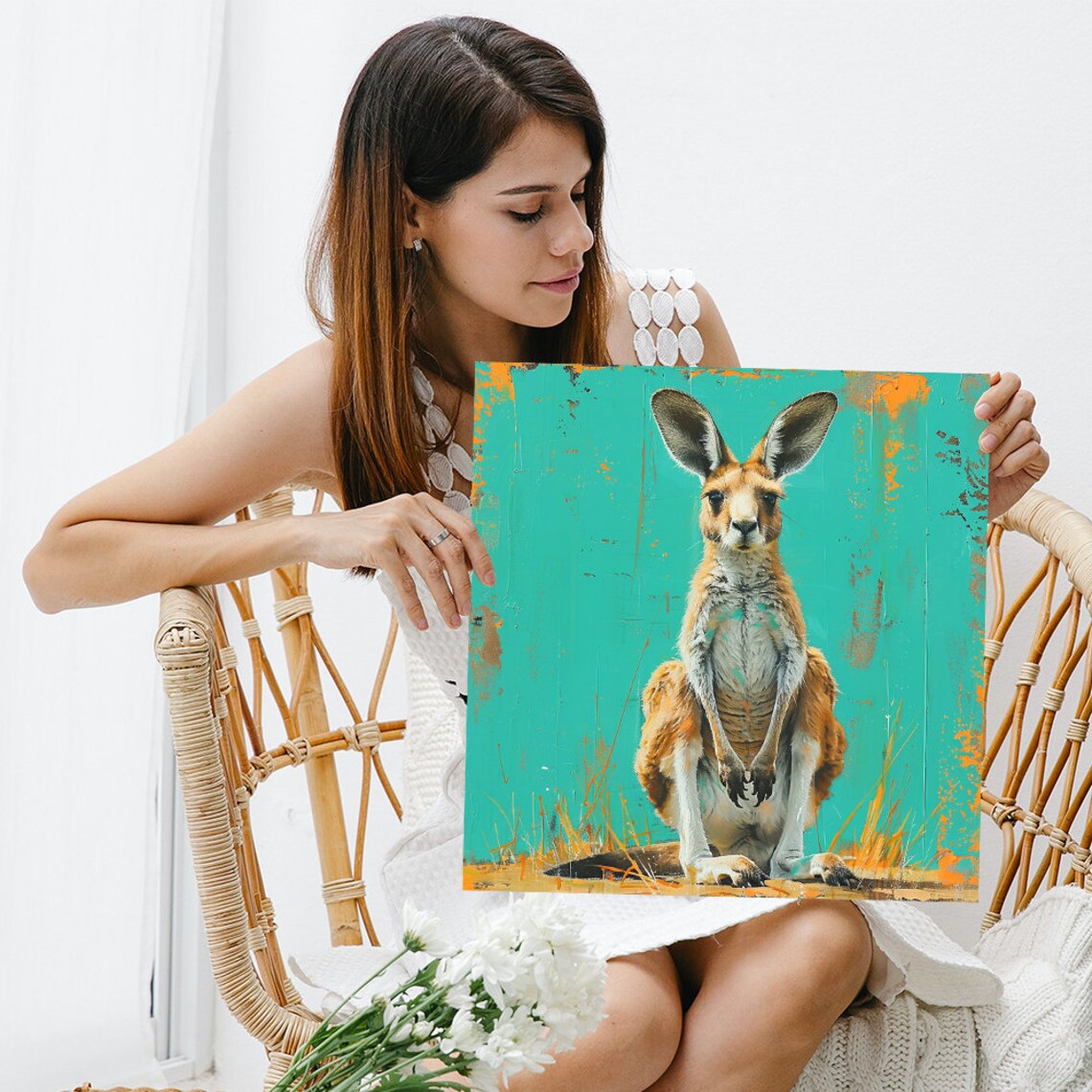 Kangaroo Portrait Turquoise Background Painterly Modern Wildlife Wall Art - Image 3