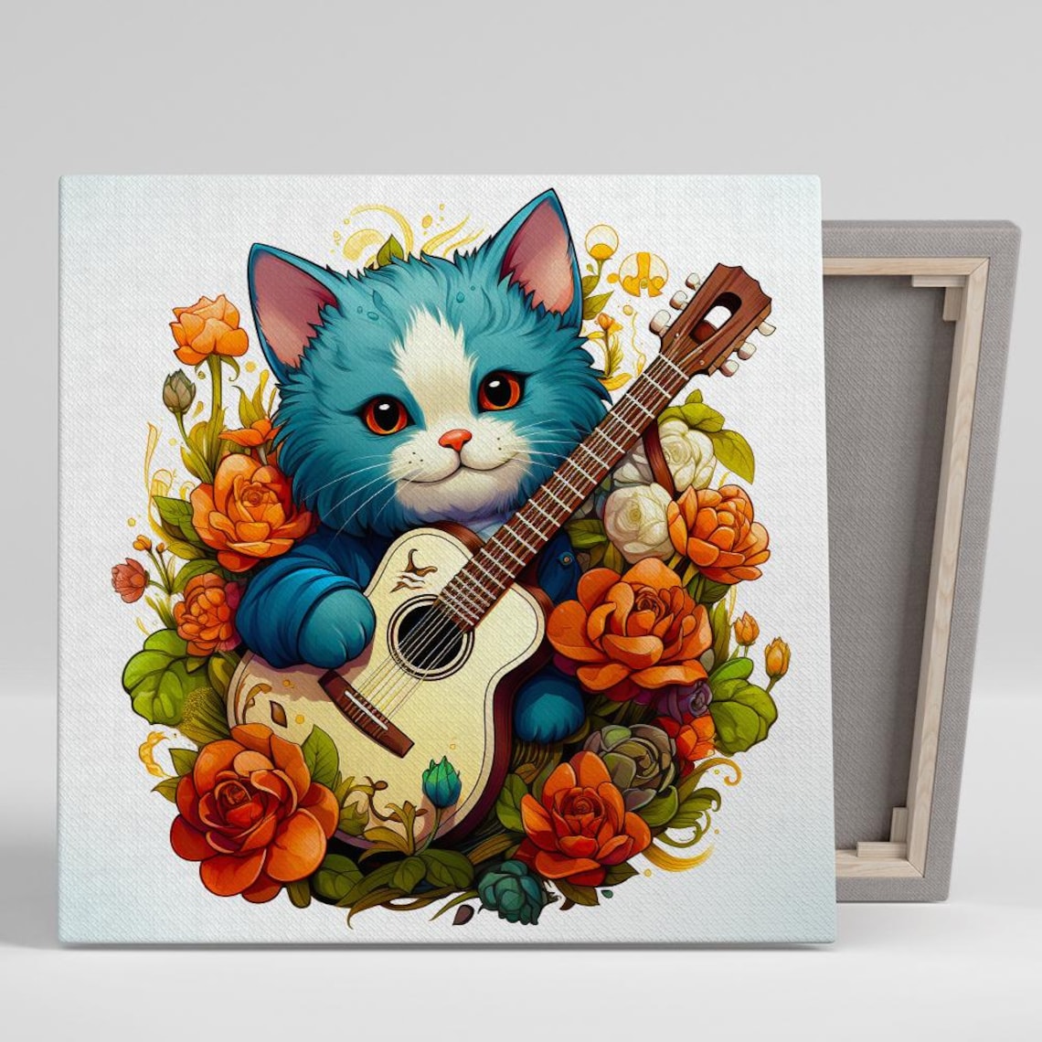 Blue Kitten With Guitar Surrounded by Orange Roses Cute Cat Wall Poster