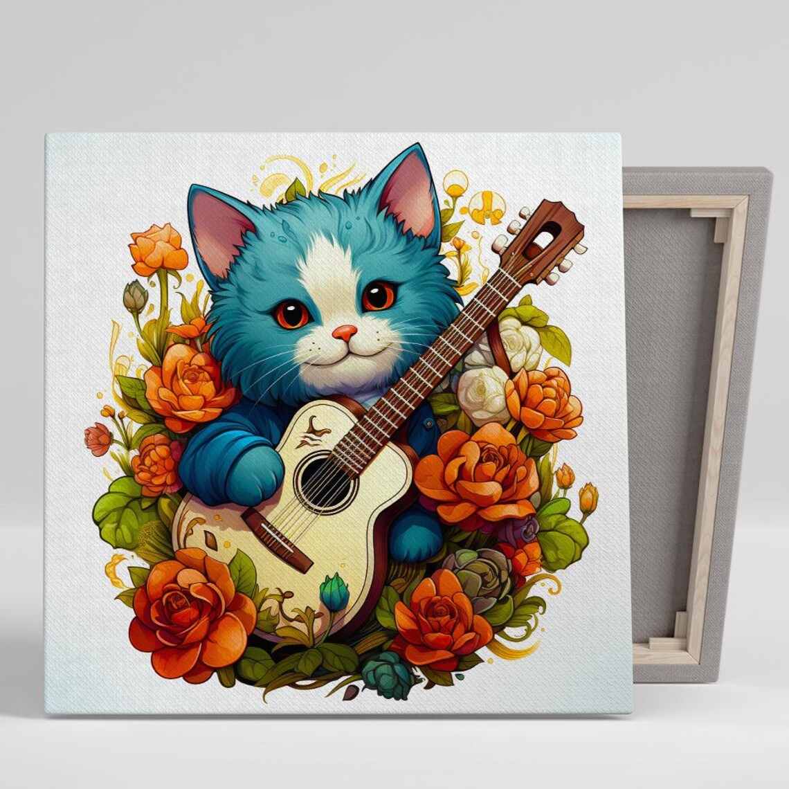 Kitten Guitarist Art Or Poster Whimsical Animal Music Decor Living Room Childrens Room Bedroom Office Wall Art Blue Orange Green