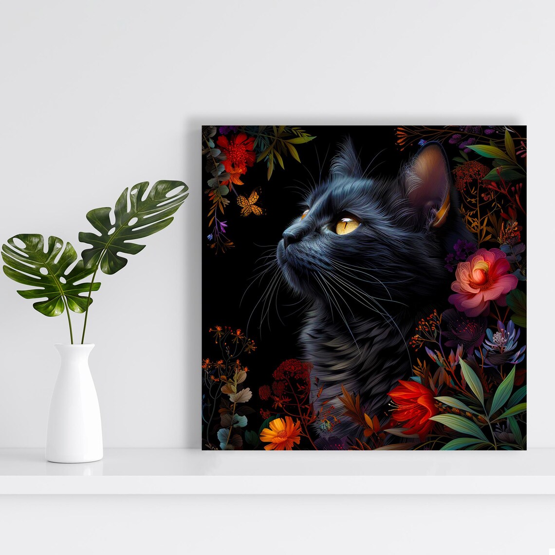 Midnight Garden Cat, Bohemian Living Room Art Print - Image 2