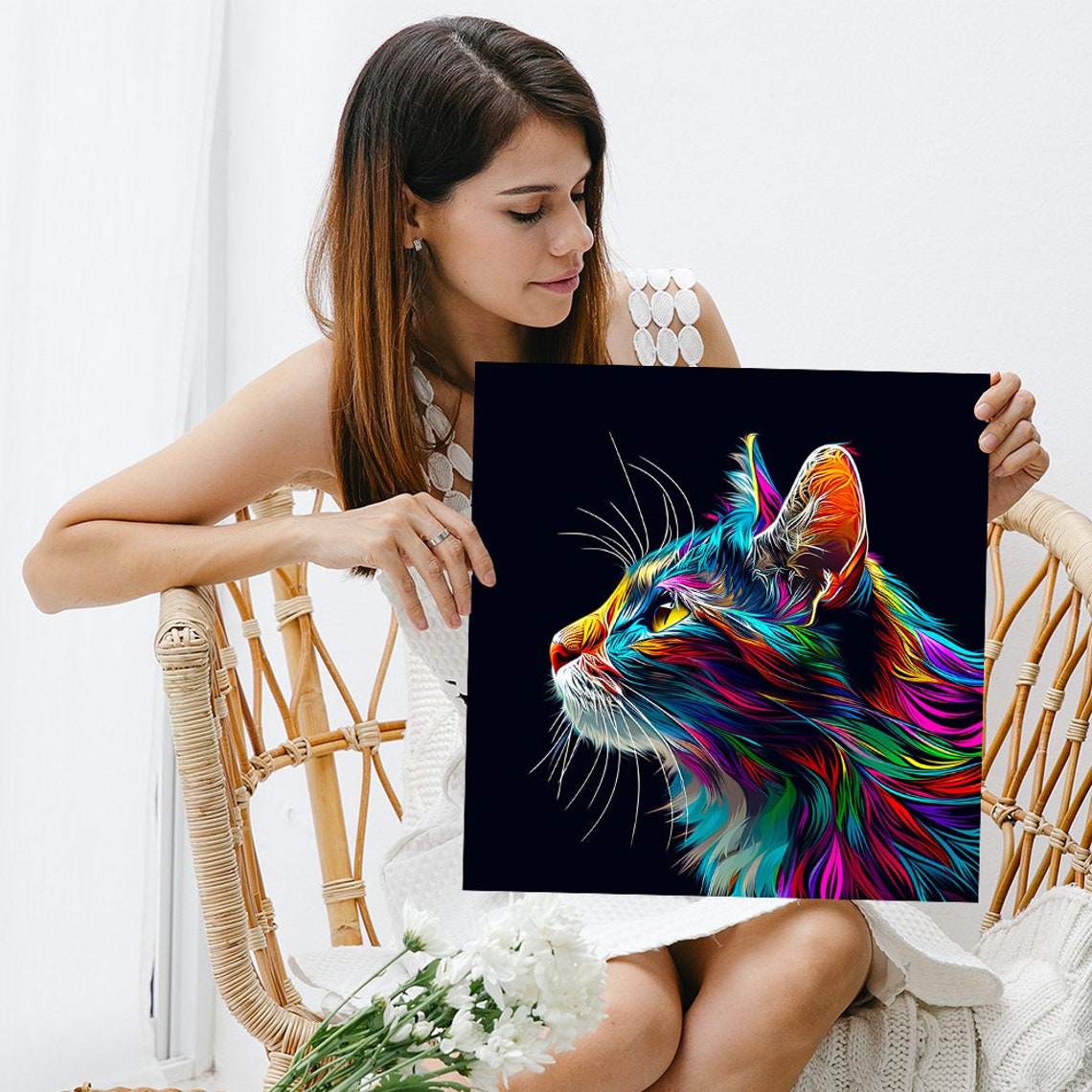 Rainbow Spectrum Cat Profile Neon Pop Art Colorful Contemporary Poster - Image 3
