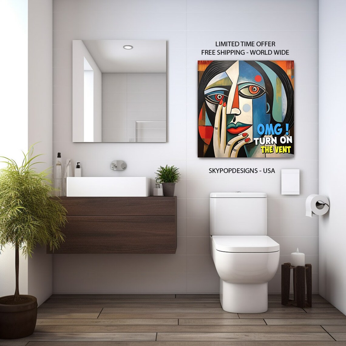 OMG Turn On The Vent Cubist Woman Funny Bathroom Humor Art Poster - Image 2