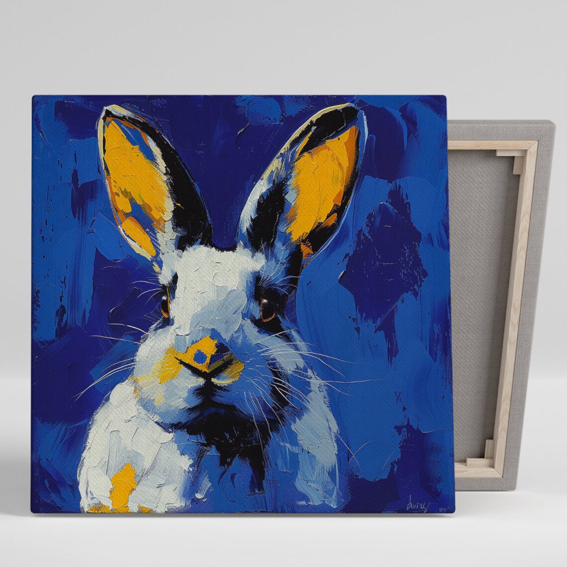 White Rabbit Impasto Oil Paint Portrait Bold Blue Yellow Art Poster