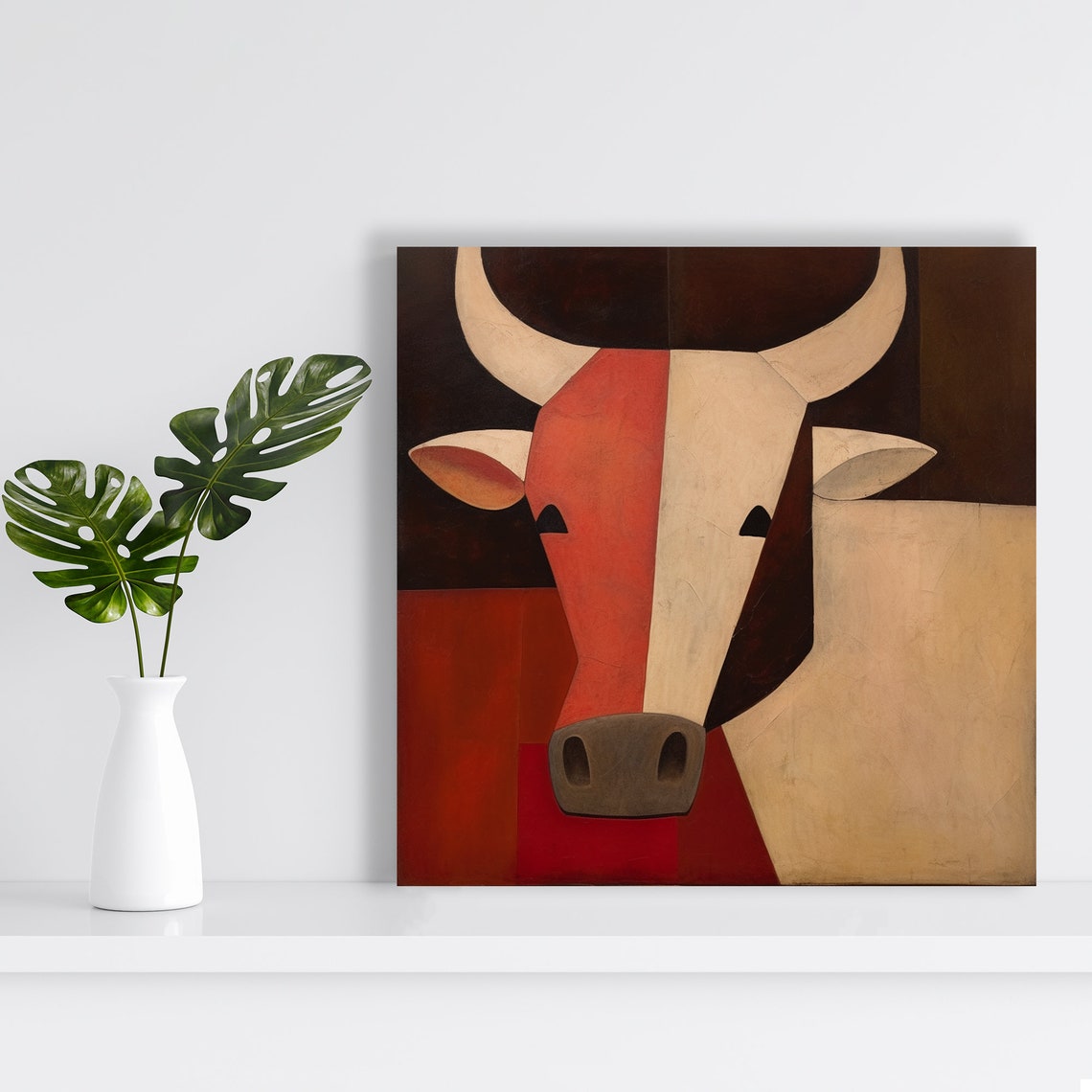 Geometric Cow Head Abstract Minimalist Red Brown Modern Wall Poster - Image 2