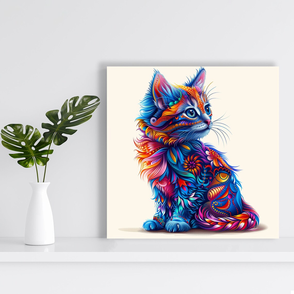 Psychedelic Rainbow Kitten Floral Fantasy Cat Portrait Wall Poster - Image 2