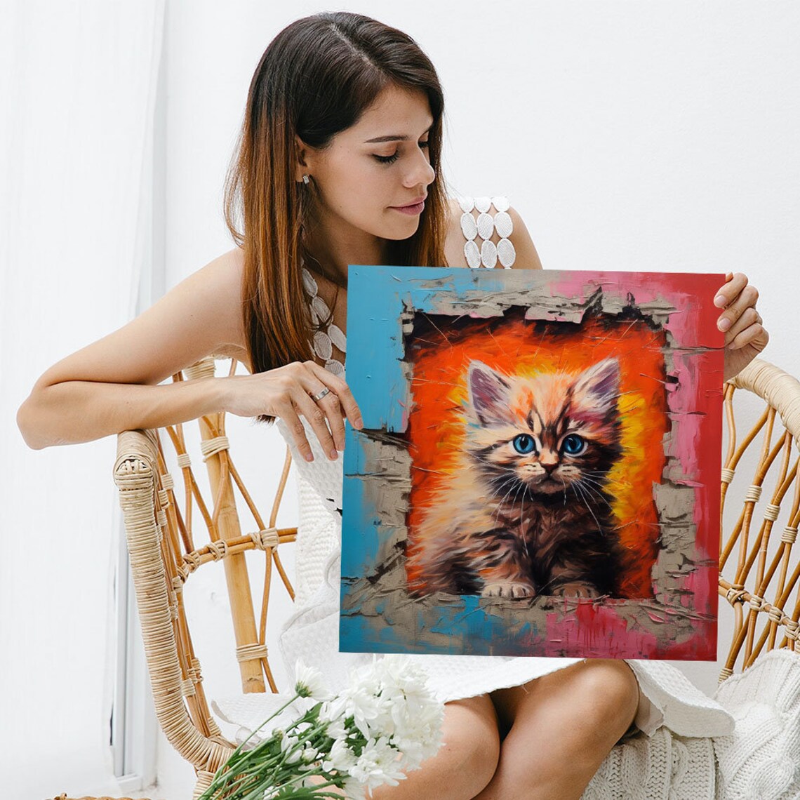 Fluffy Kitten With Blue Eyes Peeking Through Torn Paper Frame Art Poster - Image 3