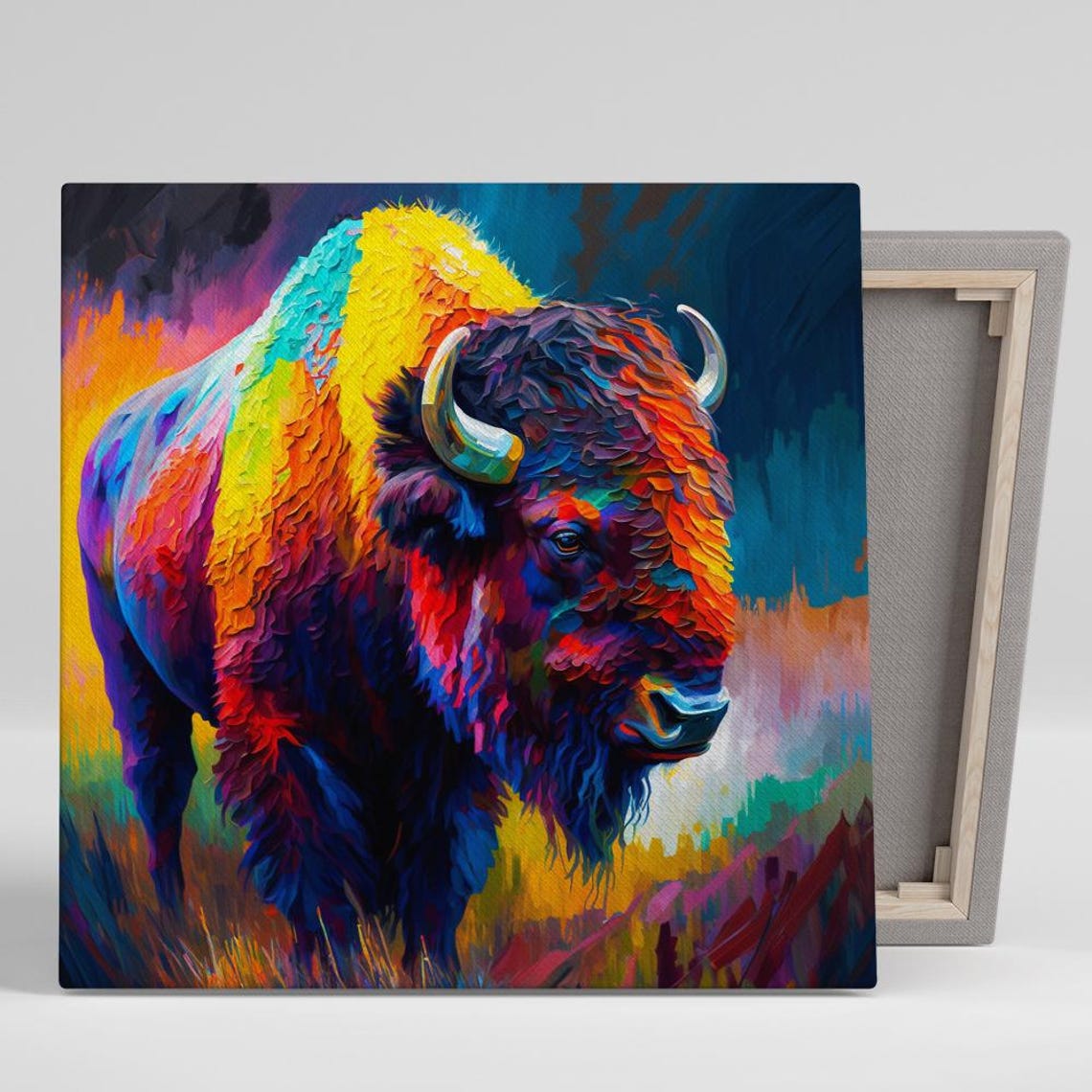 Rainbow Bison Buffalo Impasto Oil Style Colorful Wildlife Poster
