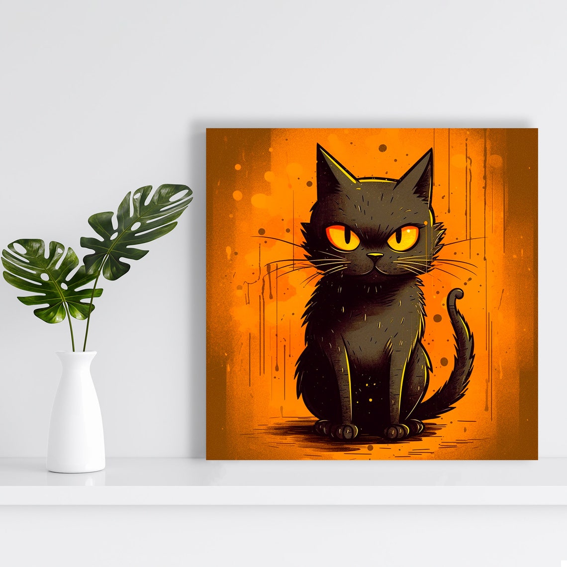 Black Cat Glowing Orange Eyes Moody Halloween Wall Art Poster - Image 2