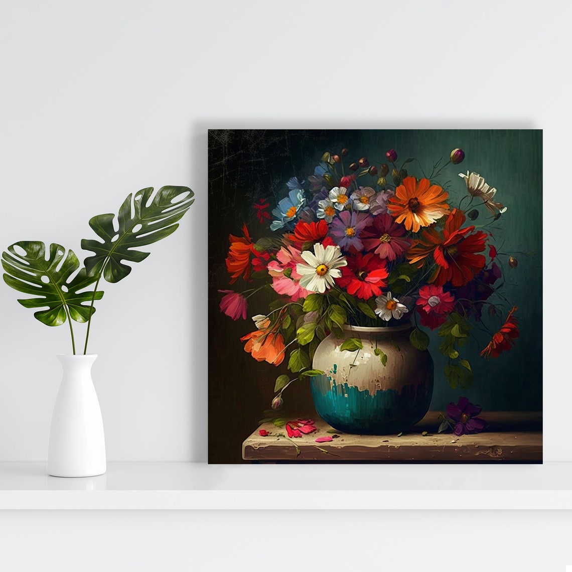 Red Cosmos Wildflower Bouquet Teal Dipped Ceramic Vase Floral Poster - Image 2