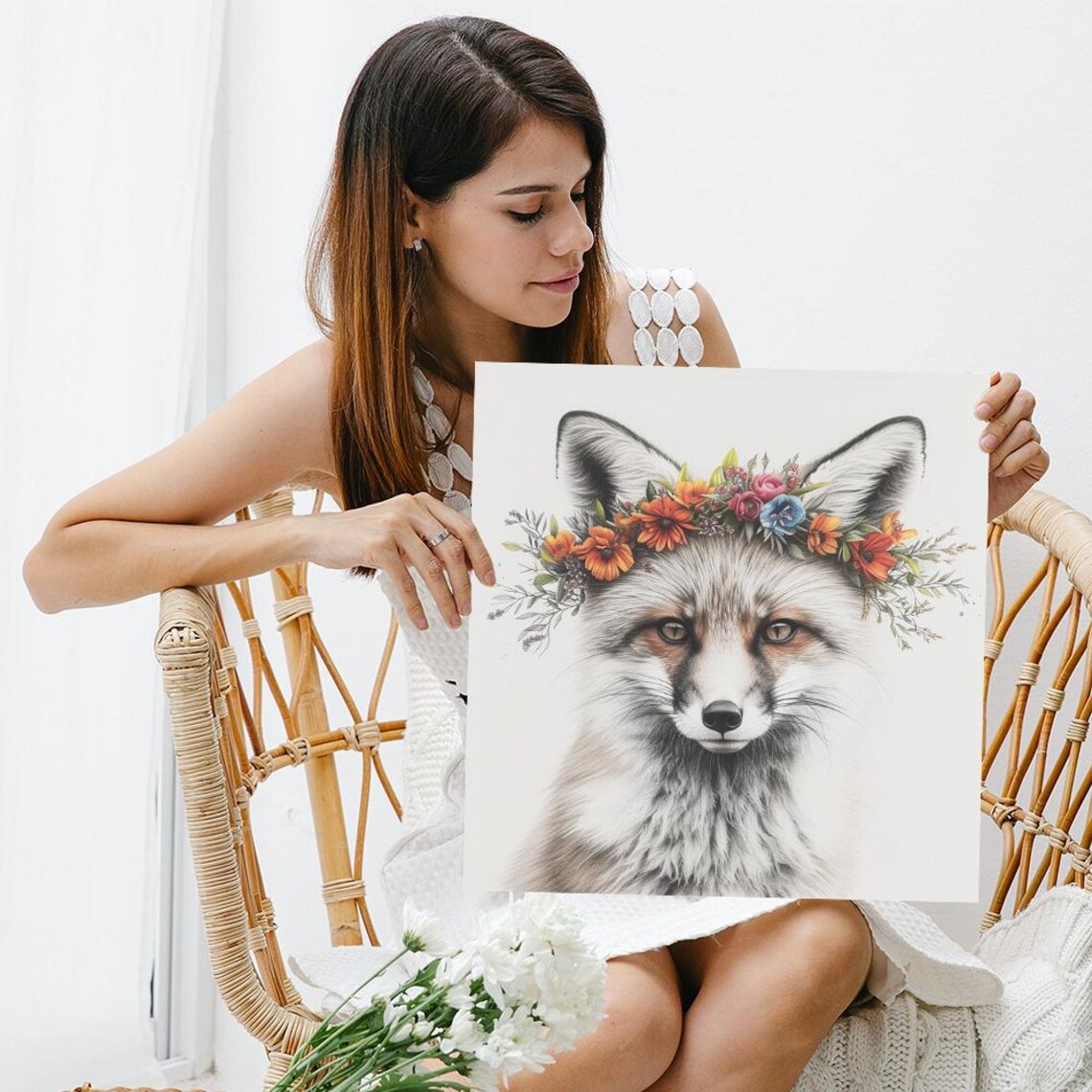 Enchanted Fox Floral Crown, Rustic Wall Art Print - Image 3