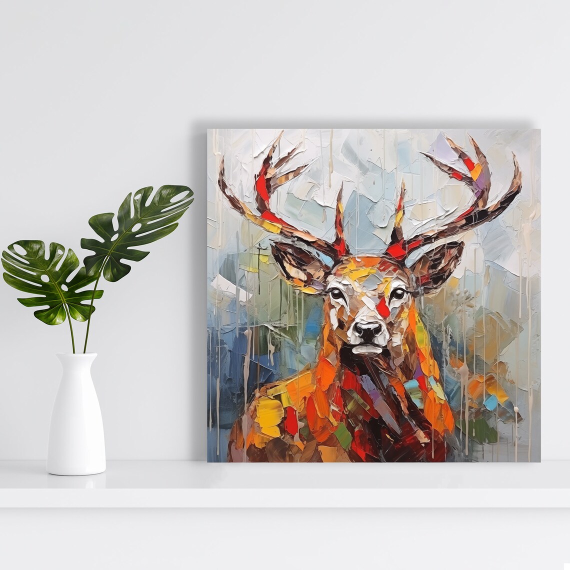 Vibrant Stag Impasto Oil Painting Red Brown Modern Animal Poster - Image 2