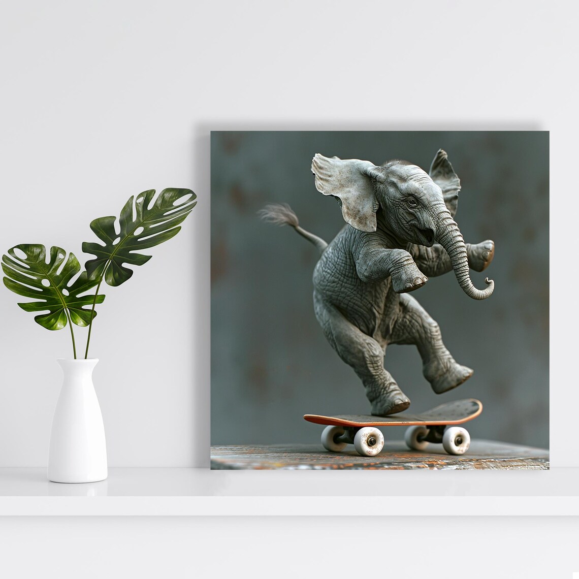 Baby Elephant Skateboarding Orange Board Trick Grey Minimalist Art Poster - Image 2