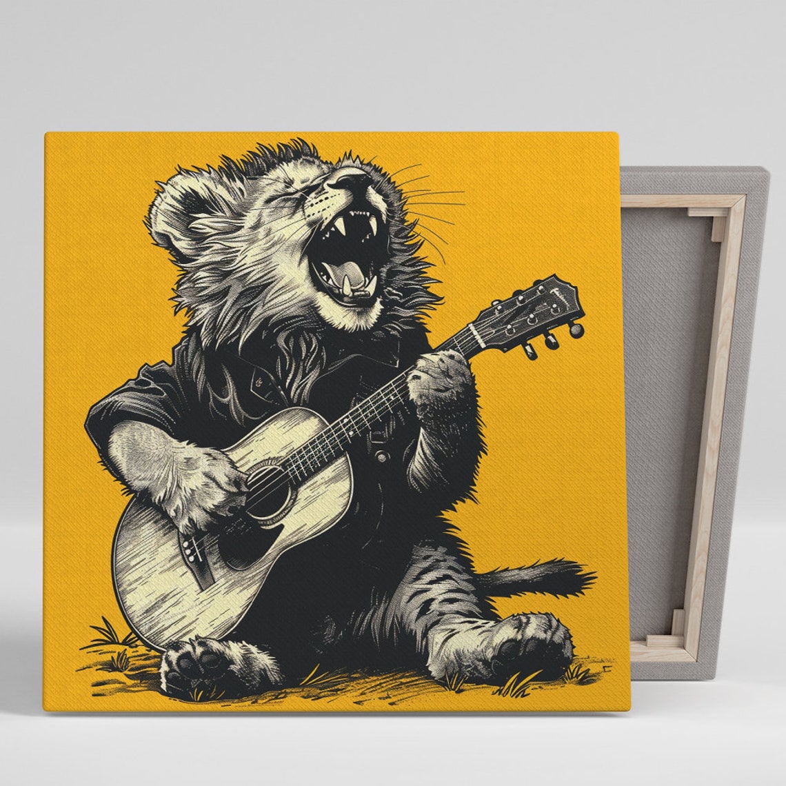Roaring Rock Lion Playing Guitar Vintage Engraving Cool Music Poster