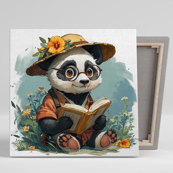 Panda Adventure Wall Art Or Poster Whimsical Nature Decor Childrens Room Library Office Living Room Wall Art Brown Orange Green
