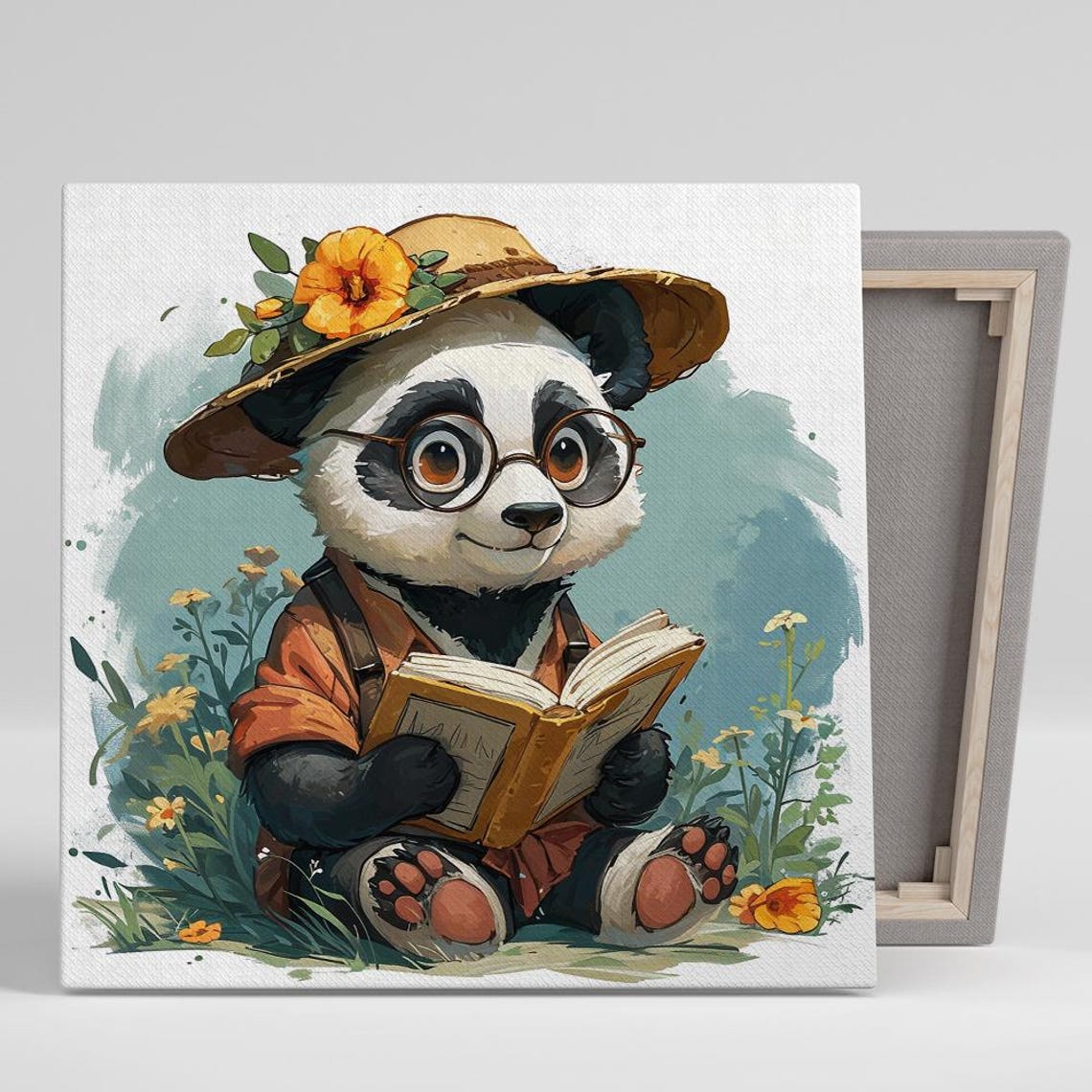 Panda Explorer Reading Book In Flower Meadow Watercolor Art Poster