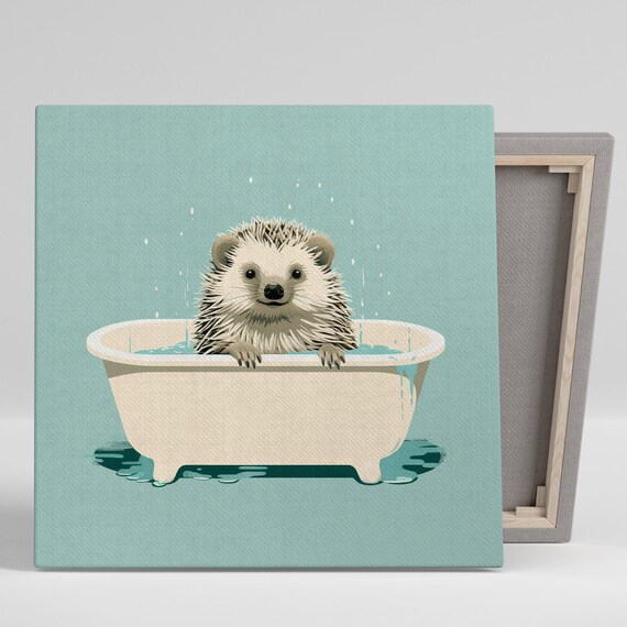 Adorable Hedgehog Taking A Bubble Bath Teal Background Animal Poster