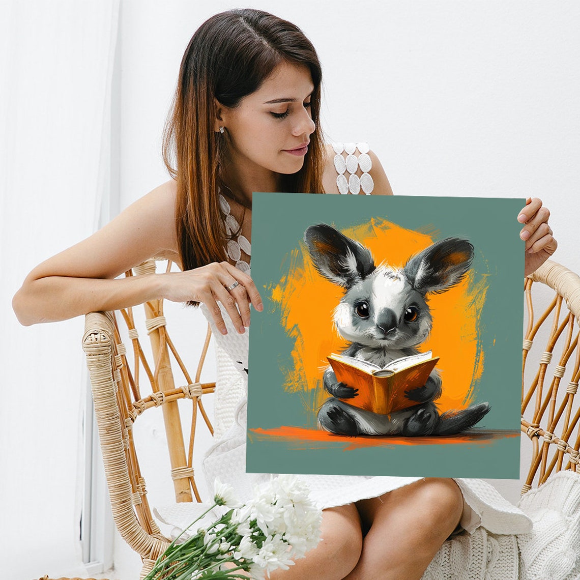 Adorable Bookworm Bunny Reading Orange Book Teal Kids Room Poster - Image 3