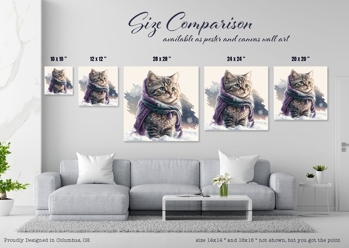 Watercolor Tabby Kitten In Snow With Purple Scarf Cute Winter Art Poster - Image 2