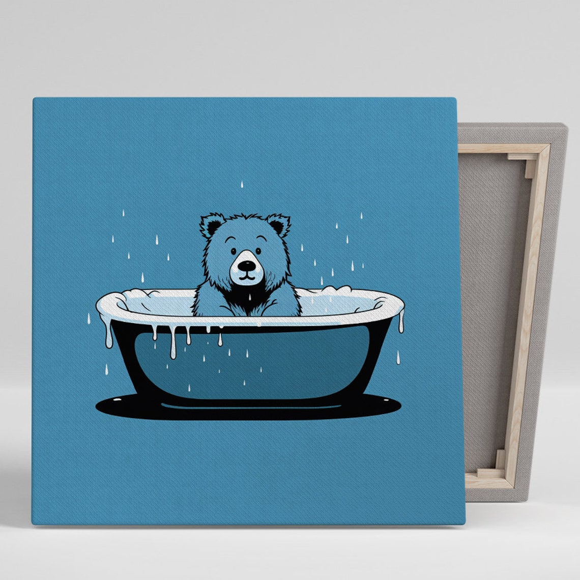 Bear in Bathtub Minimalist Blue Splatter Fun Whimsical Bathroom Poster