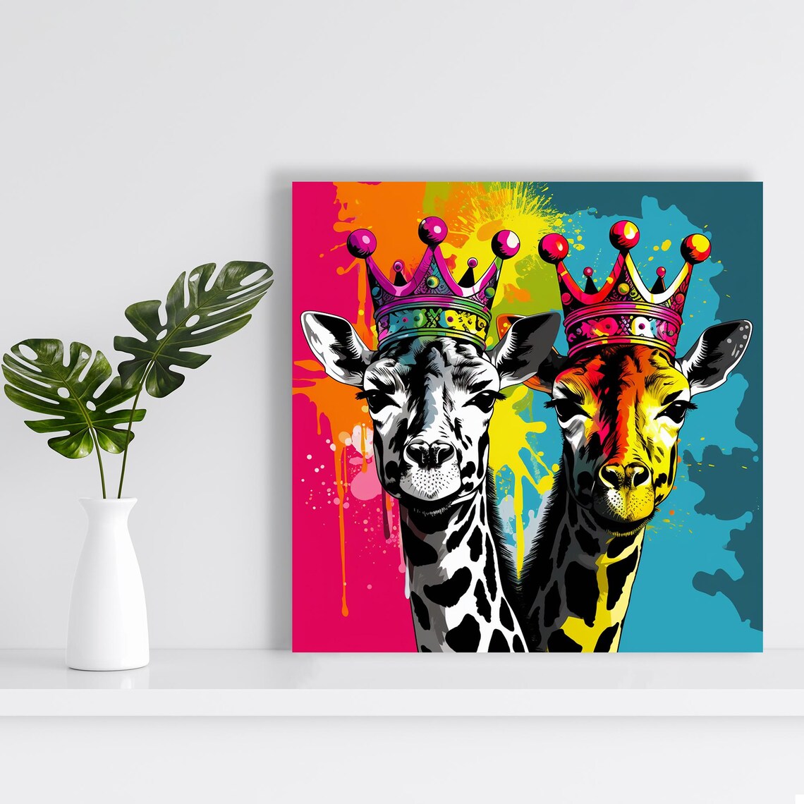 Two Crowned Giraffes Rainbow Splash Pop Art Royal Safari Wall Poster - Image 2
