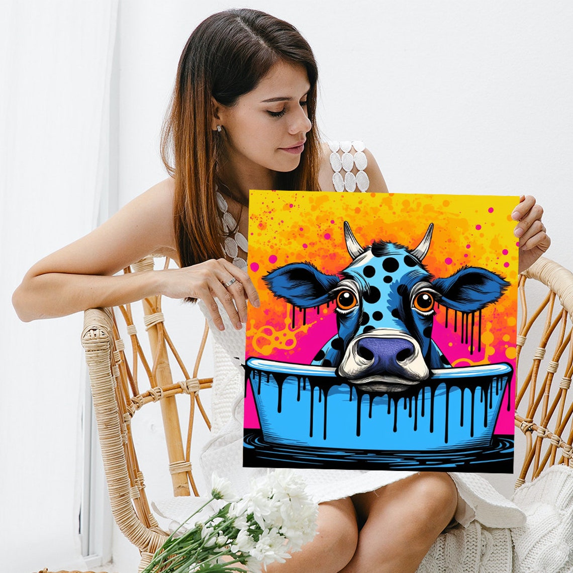 Psychedelic Blue Cow Bubble Bath Pop Art Pink Orange Splash Poster - Image 3