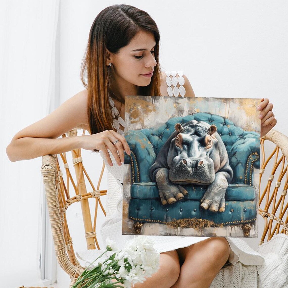 Regal Hippo Relaxation, Whimsical Glam Art Print - Image 3