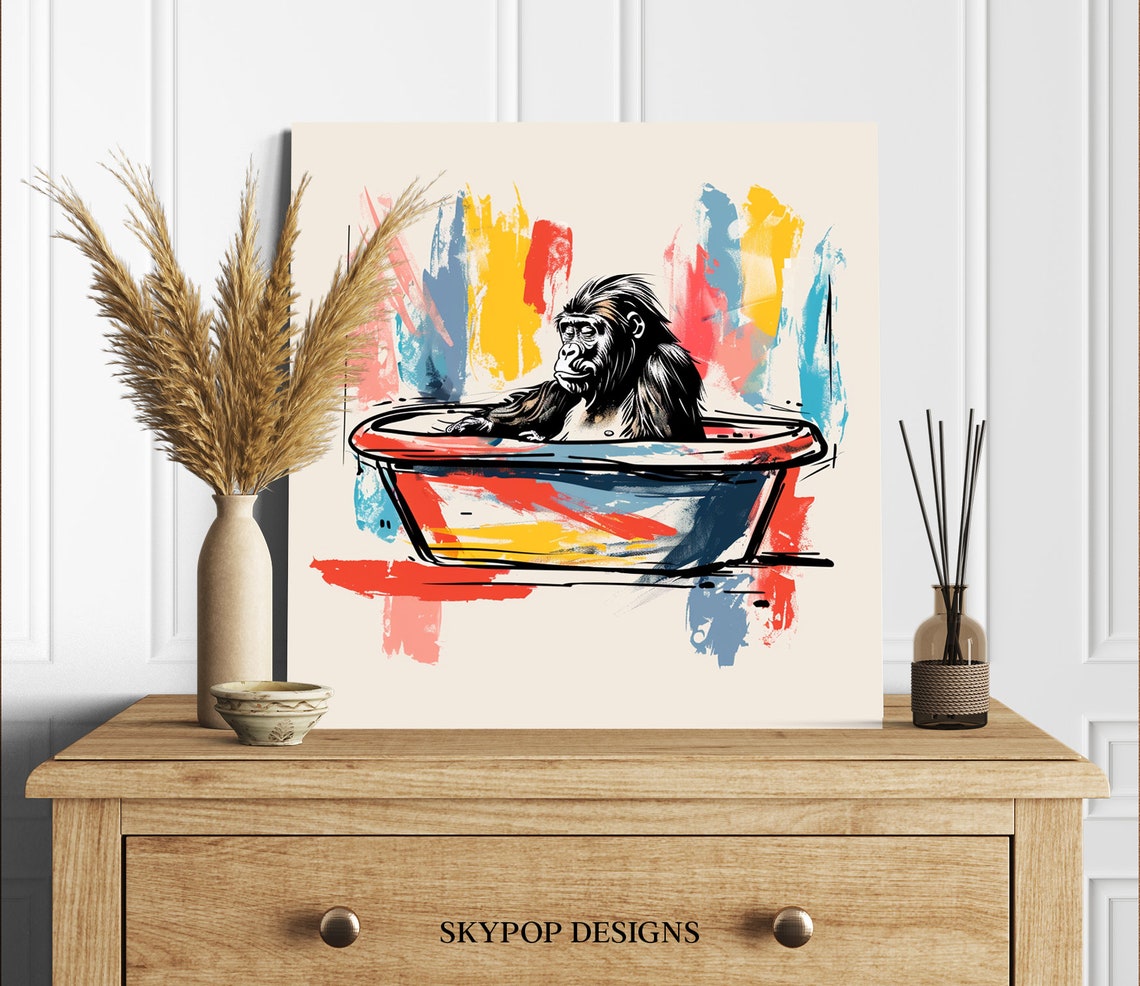 Chimpanzee In Bathtub Whimsical Sketch Red Blue Yellow Poster - Image 2