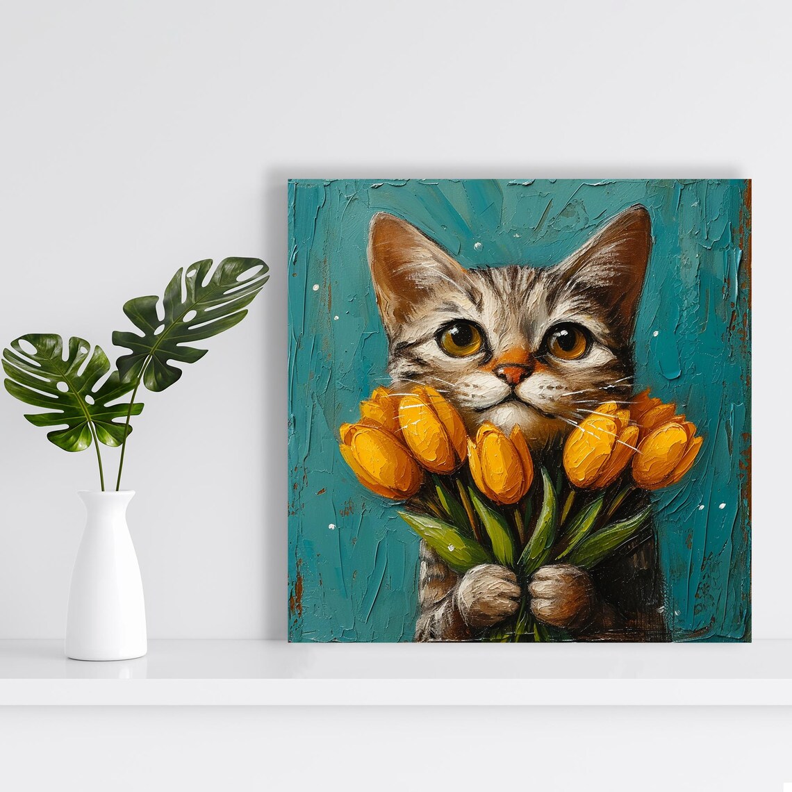 Tabby Cat Holding Yellow Tulips Bouquet Teal Oil Painting Poster - Image 2