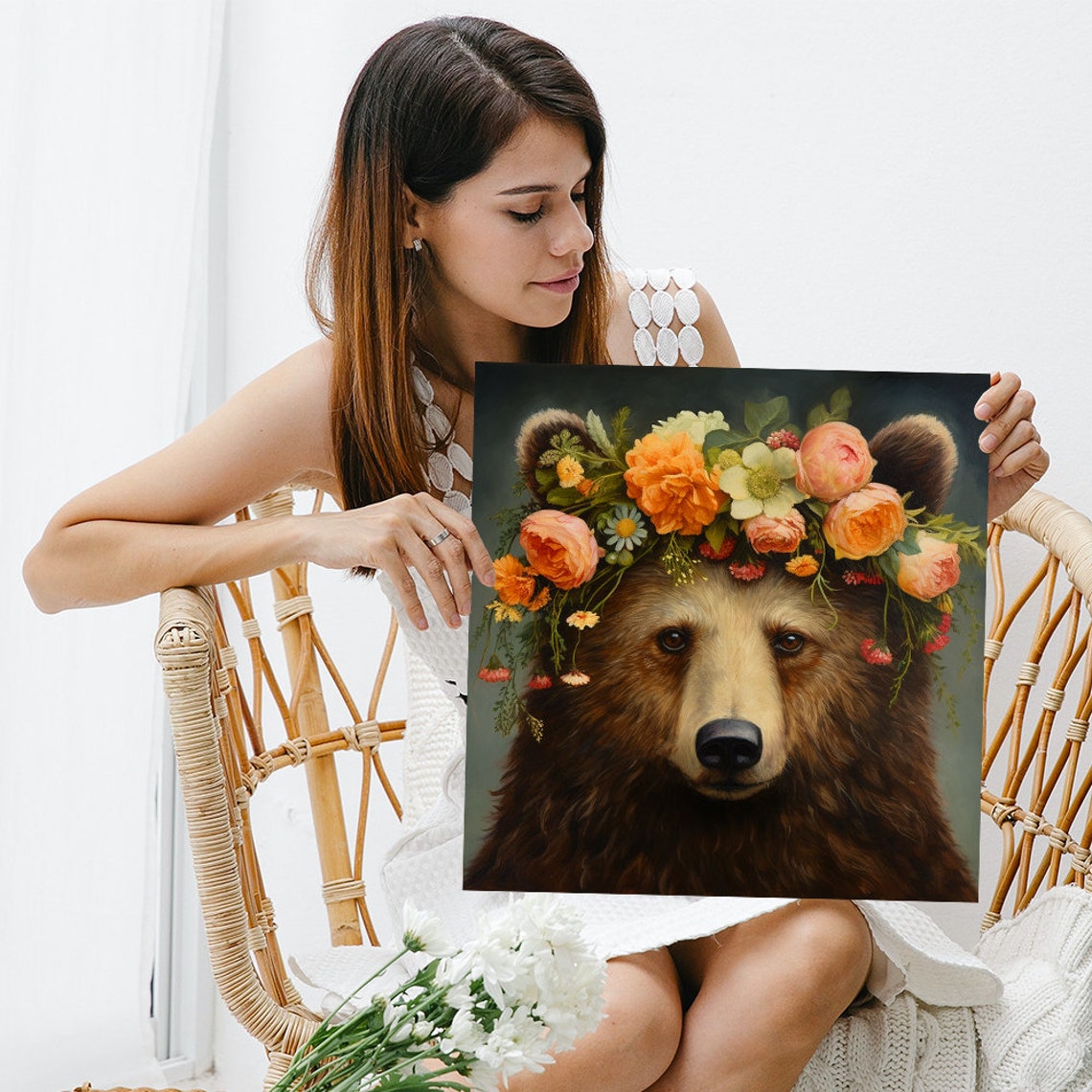 Bear Floral Crown Roses Moody Realistic Portrait Elegant Animal Poster - Image 3