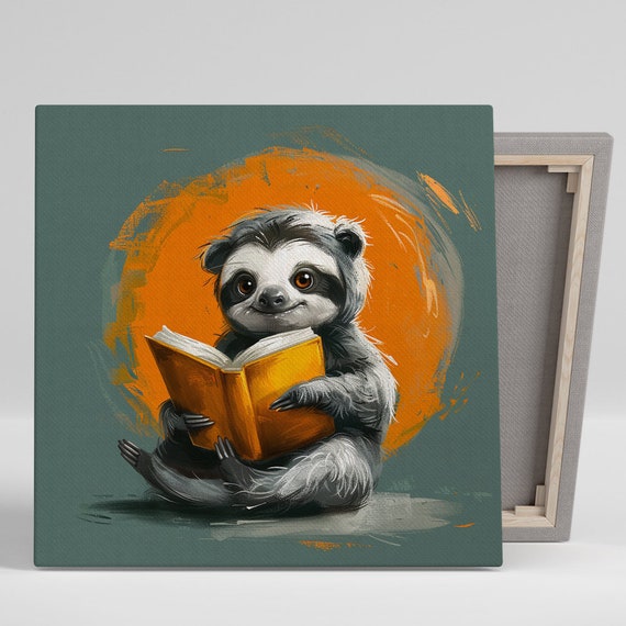 Sloth Art Or Poster Whimsical Animal Decor Children Room Office Living Room Library Wall Art Orange Grey Black White Sloth Decor