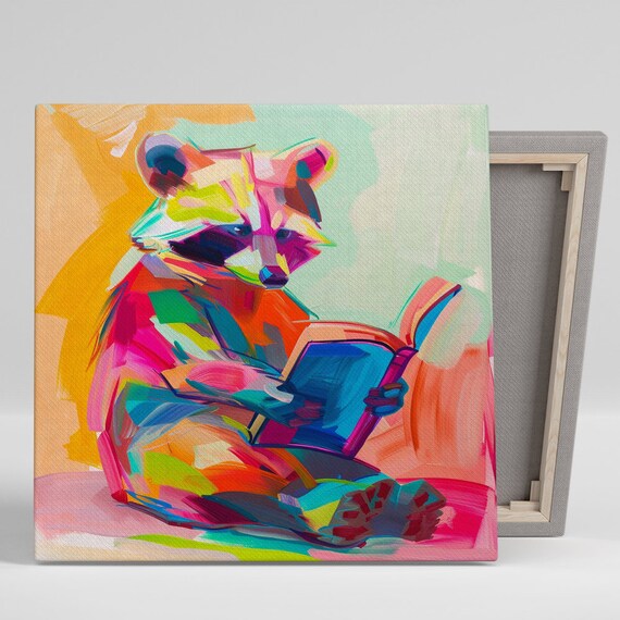Raccoon Reading Book Multicolor Pop Art Bright Whimsical Kids Room Poster