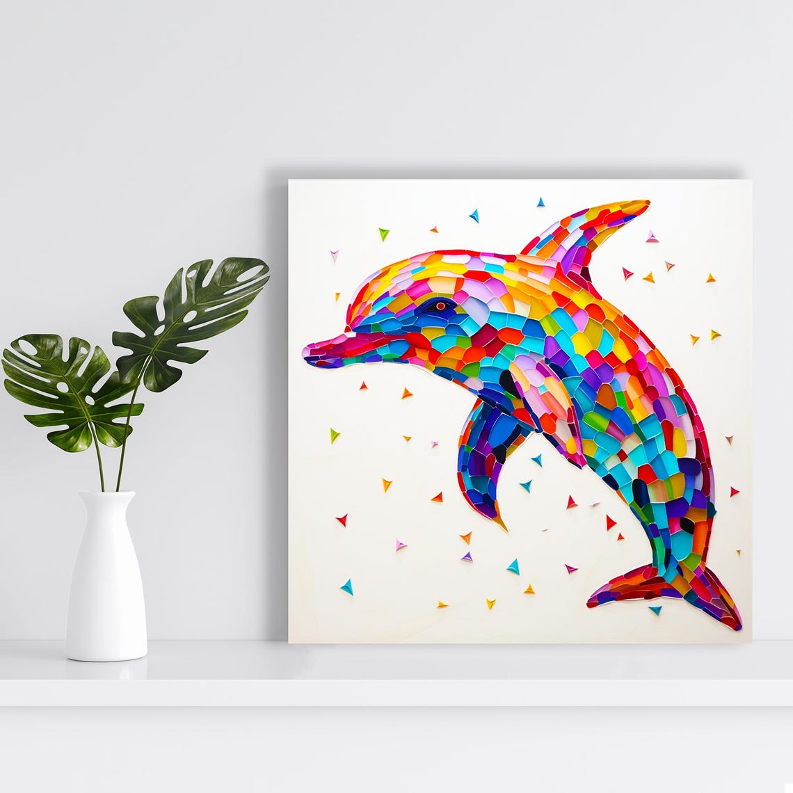 Colorful Mosaic Dolphin Stained Glass Style Art On Cream Poster - Image 2