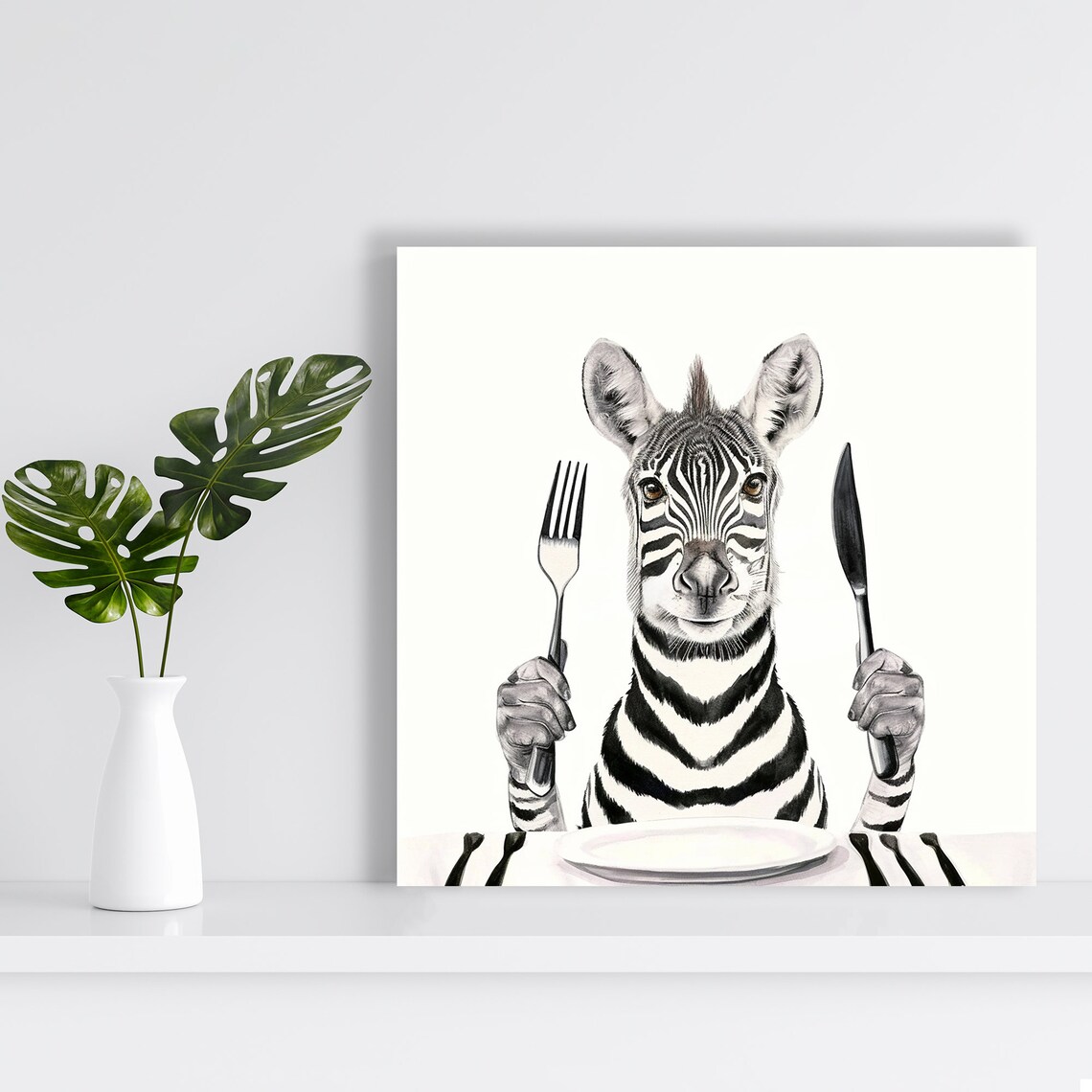 Baby Zebra Dinner Date Holding Fork And Knife Cute Kitchen Whimsy Poster - Image 2